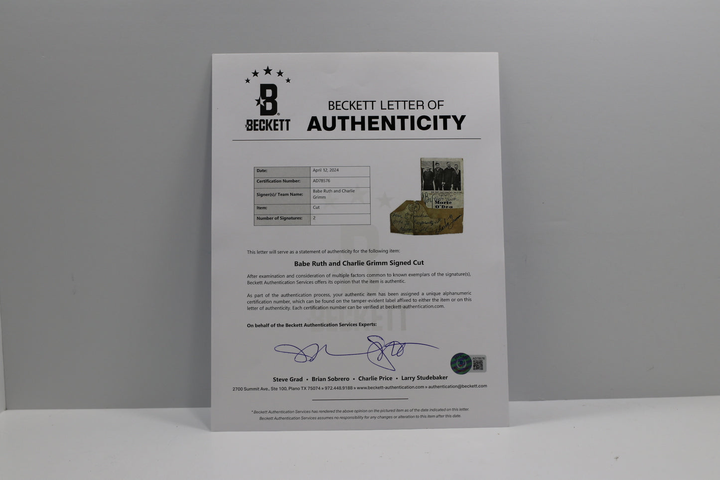BABE RUTH & CHARLIE GRIMM SIGNED PHOTO CUT w/Brother Matthias BAS PSA LOA