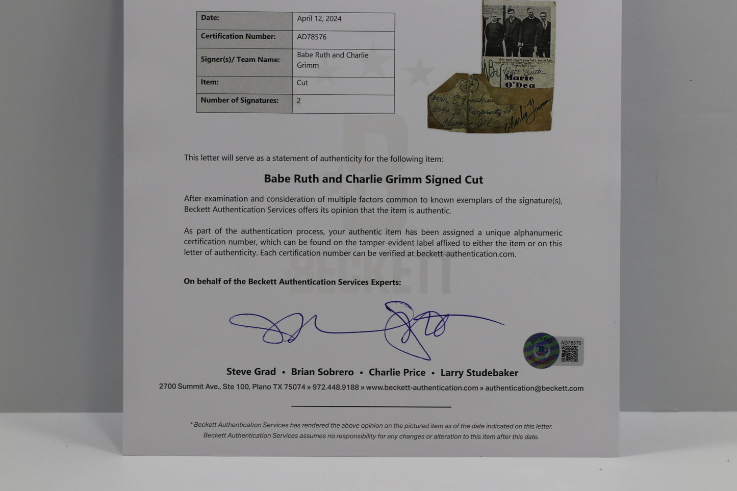 BABE RUTH & CHARLIE GRIMM SIGNED PHOTO CUT w/Brother Matthias BAS PSA LOA