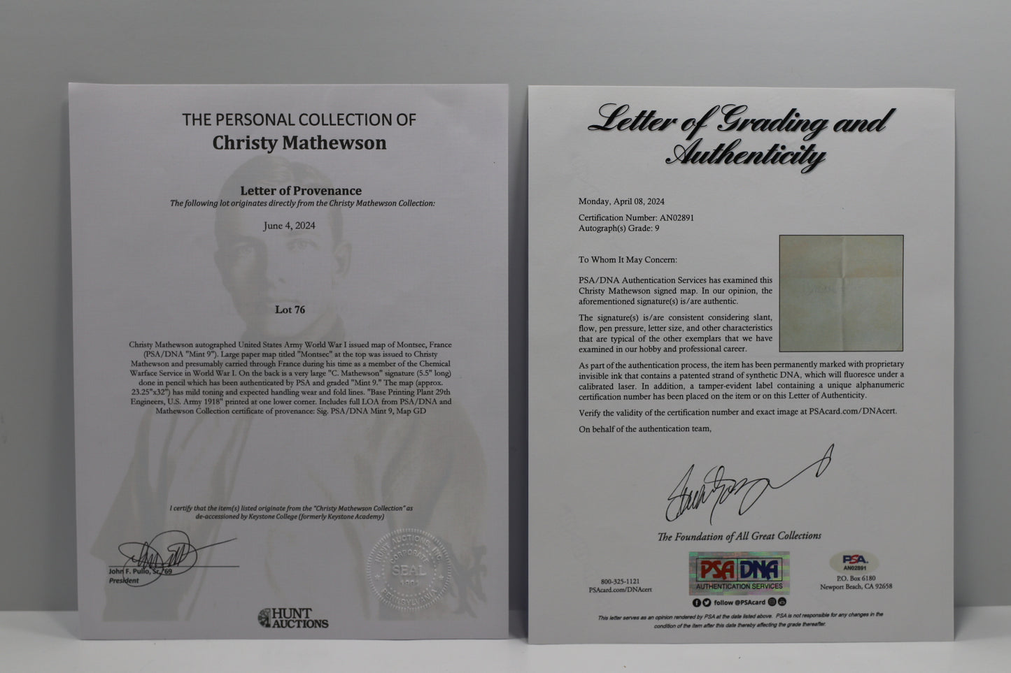 CHRISTY MATHEWSON SIGNED WWI Montsec MAP PSA/DNA NY GIANTS Mint 9 HUGE