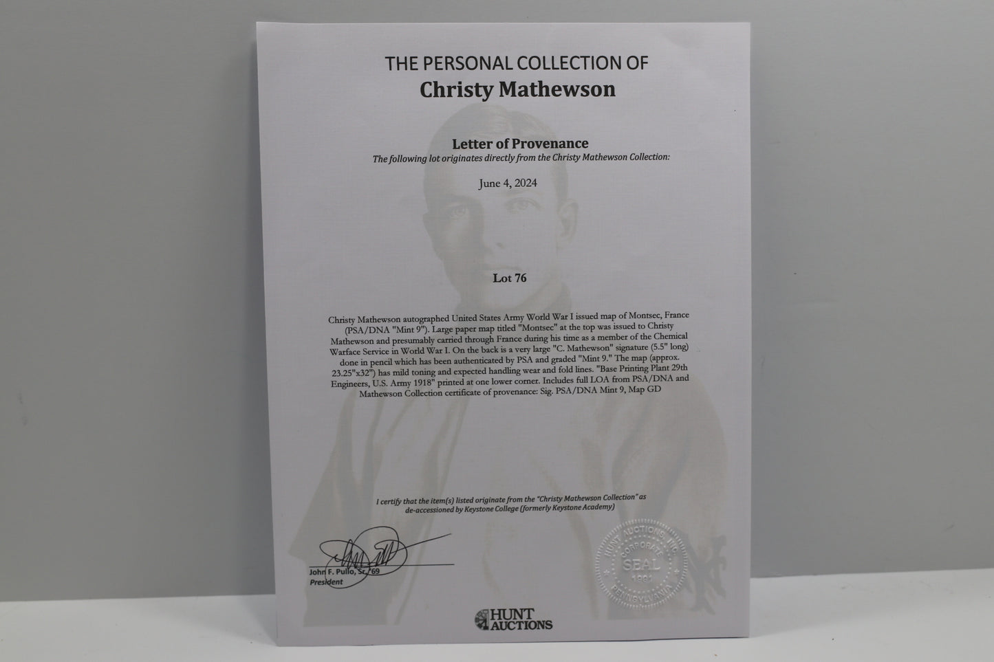 CHRISTY MATHEWSON SIGNED WWI Montsec MAP PSA/DNA NY GIANTS Mint 9 HUGE