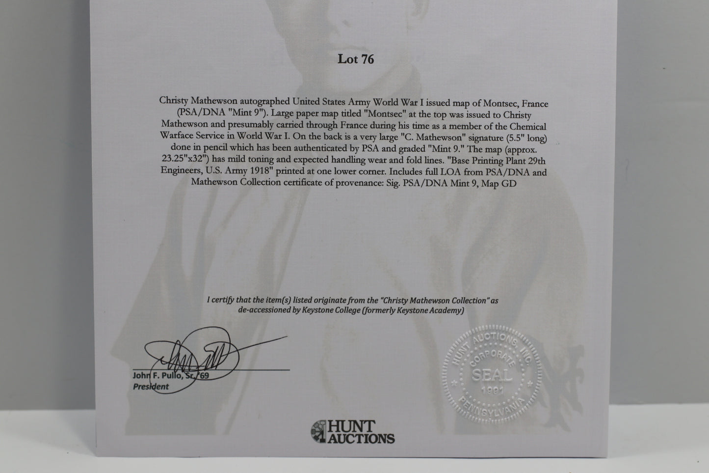 CHRISTY MATHEWSON SIGNED WWI Montsec MAP PSA/DNA NY GIANTS Mint 9 HUGE