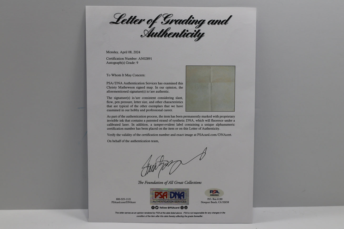 CHRISTY MATHEWSON SIGNED WWI Montsec MAP PSA/DNA NY GIANTS Mint 9 HUGE
