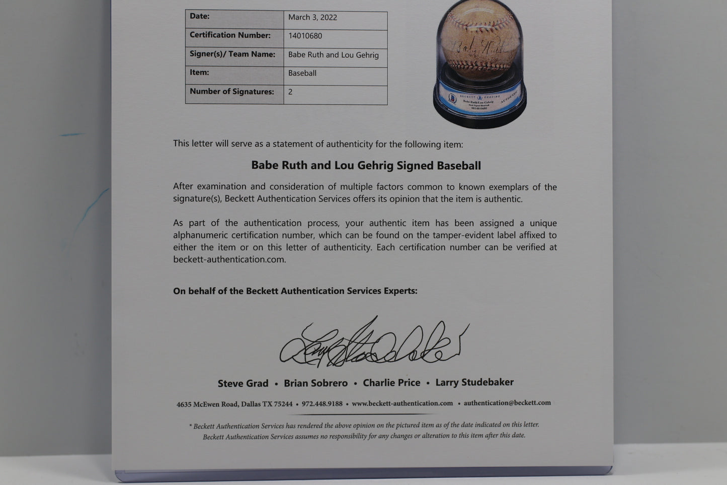 BABE RUTH & LOU GEHRIG New York Yankees SIGNED BASEBALL BAS ENCAP JSA PSA LOA