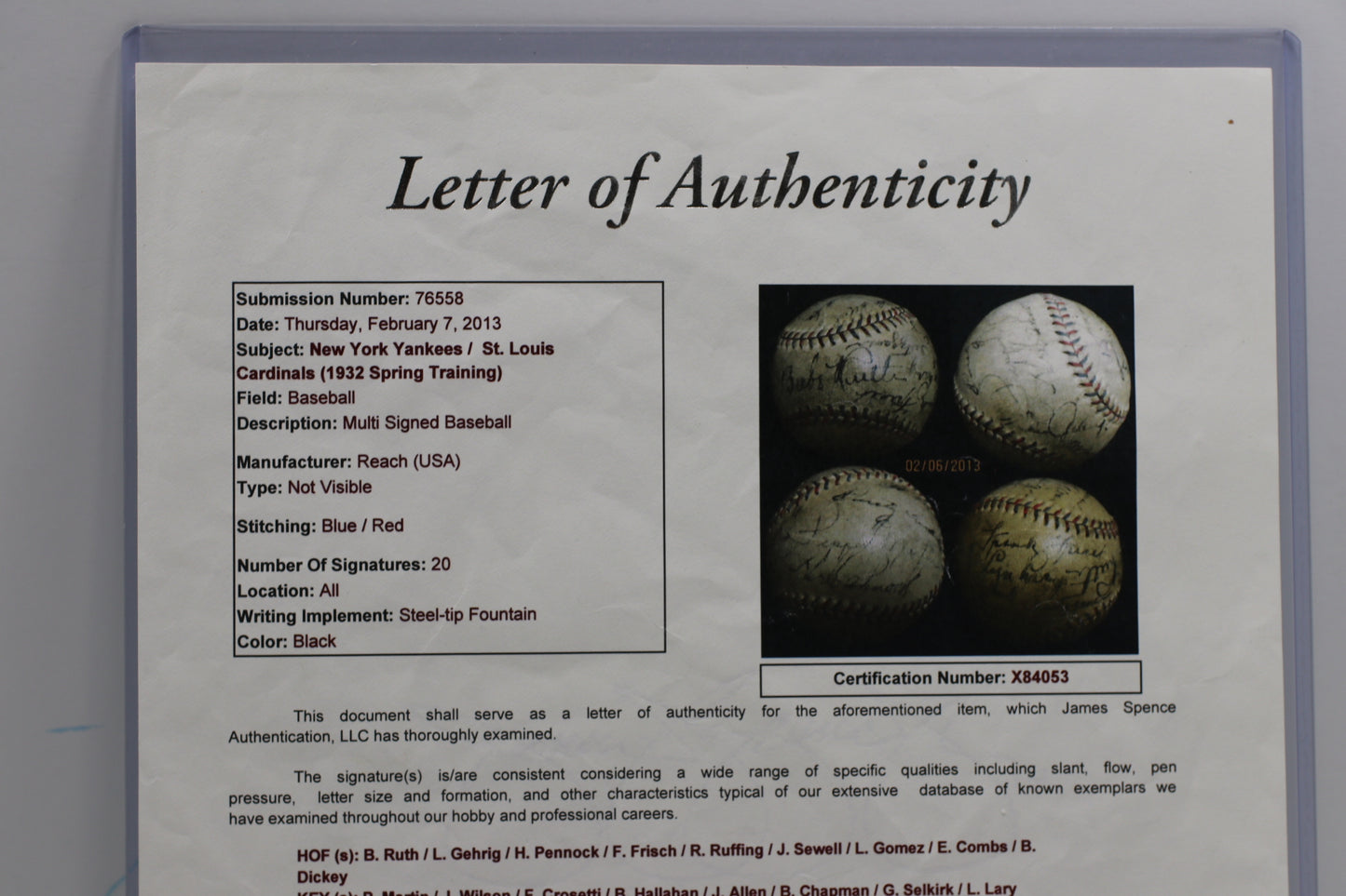 1932 New York Yankees St. Louis Cardinals SIGNED BASEBALL BABE RUTH LOU GEHRIG BAS
