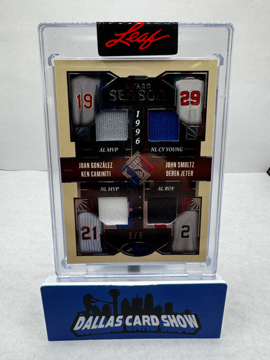 2025 Leaf Seasons in the Sun 1996 Award Season #5/5 Juan Gonzalez/John Smoltz/Ken Caminiti/Derek Jeter Game Used Jersey Card