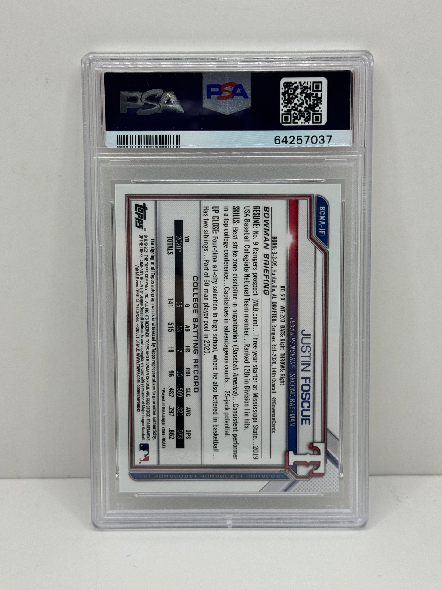 2021 Bowman Chrome Justin Foscue Megabox Green Refractor /99 Auto #BCMA-JF PSA 10