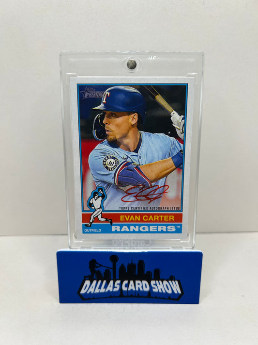 Evan Carter 2025 Topps Heritage Real One Red Ink On Card Auto /76 Rangers