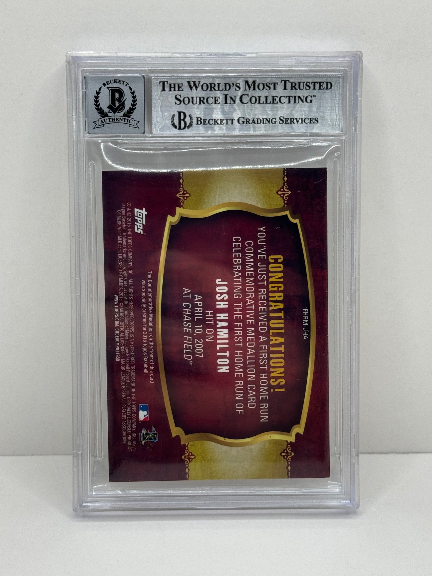 2015 Topps First Home Run Medallions #FHRMJHA Josh Hamiltion BGS 10 Autograph