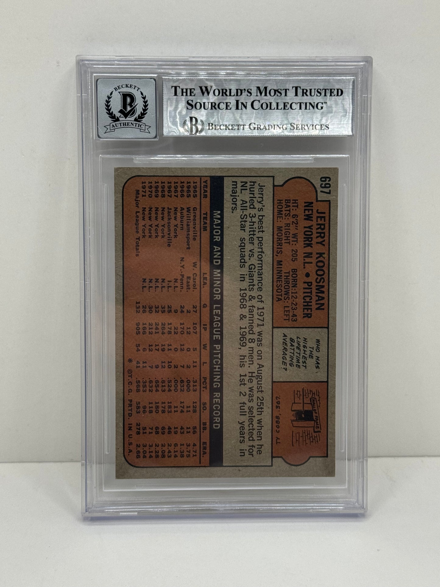 1972 Topps #697 Jerry Koosman BGS 10 Autograph