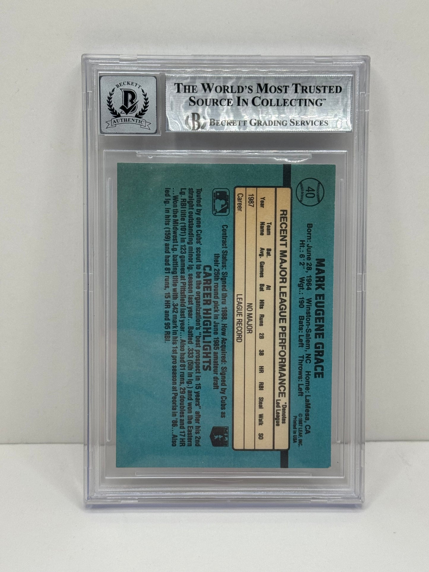 1988 Donruss #40 Mark Grace Rated Rookie BGS 10 Autograph