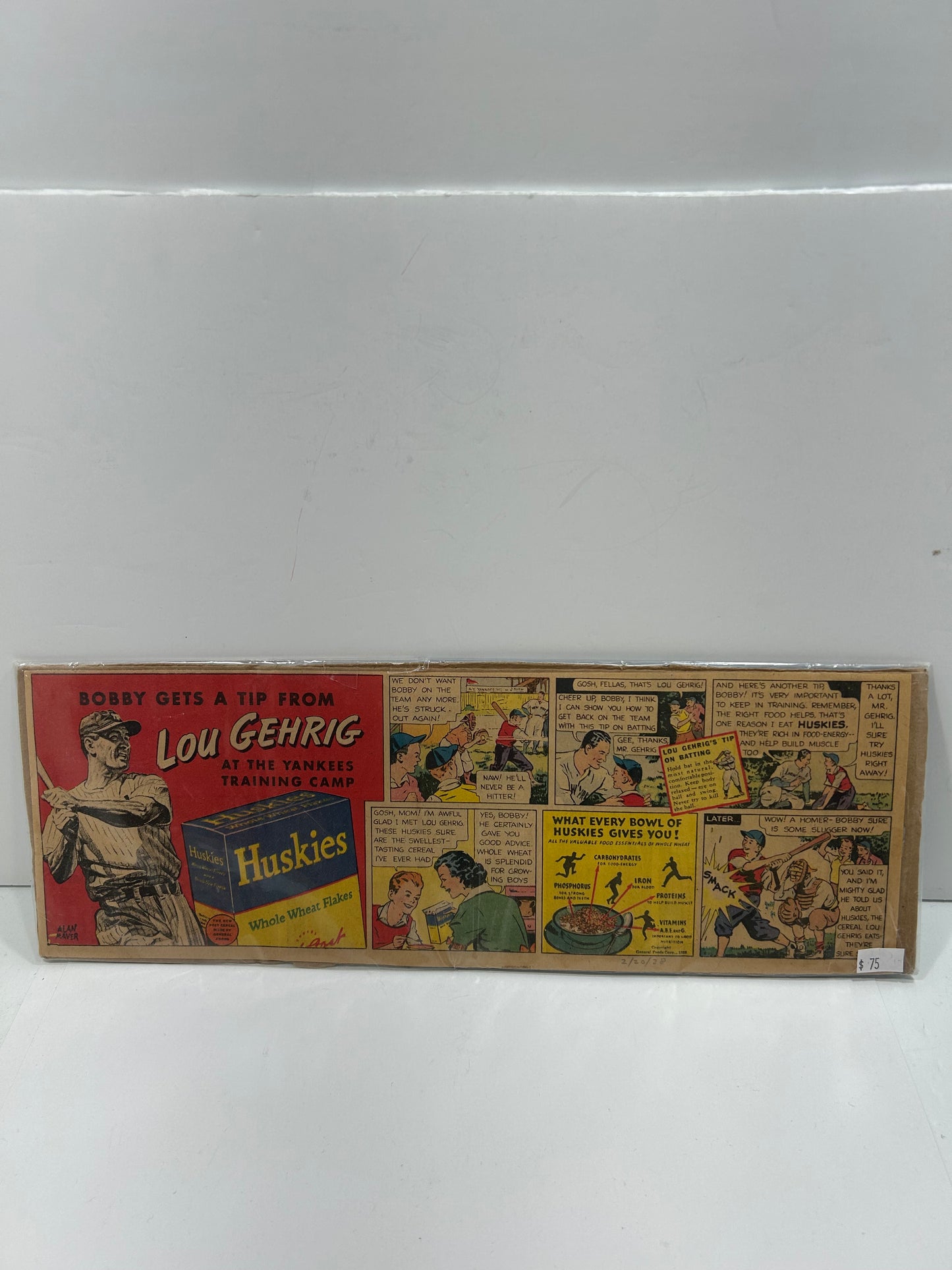 1937 Lou Gehrig Newspaper Advertisement "Huskies Whole Wheat Flakes"