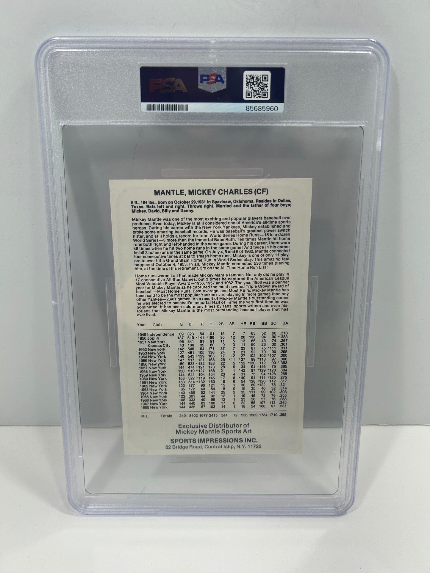 MICKEY MANTLE SPORTS IMPRESSIONS STAT BACK 4x6 SINGED AUTO PRINT PSA/DNA 9