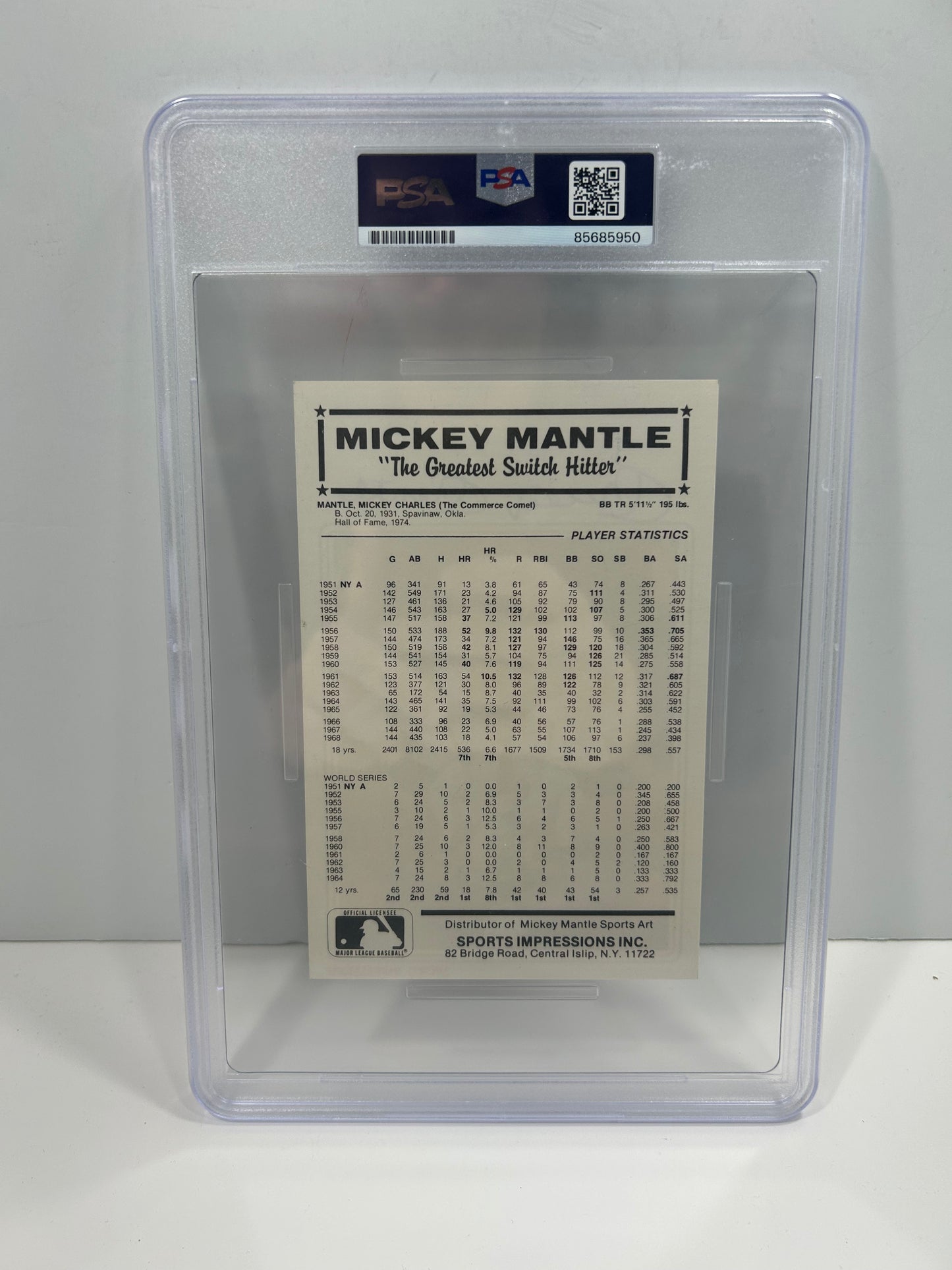 MICKEY MANTLE SPORTS IMPRESSIONS STAT BACK 4x6 SINGED AUTO PRINT PSA/DNA 10