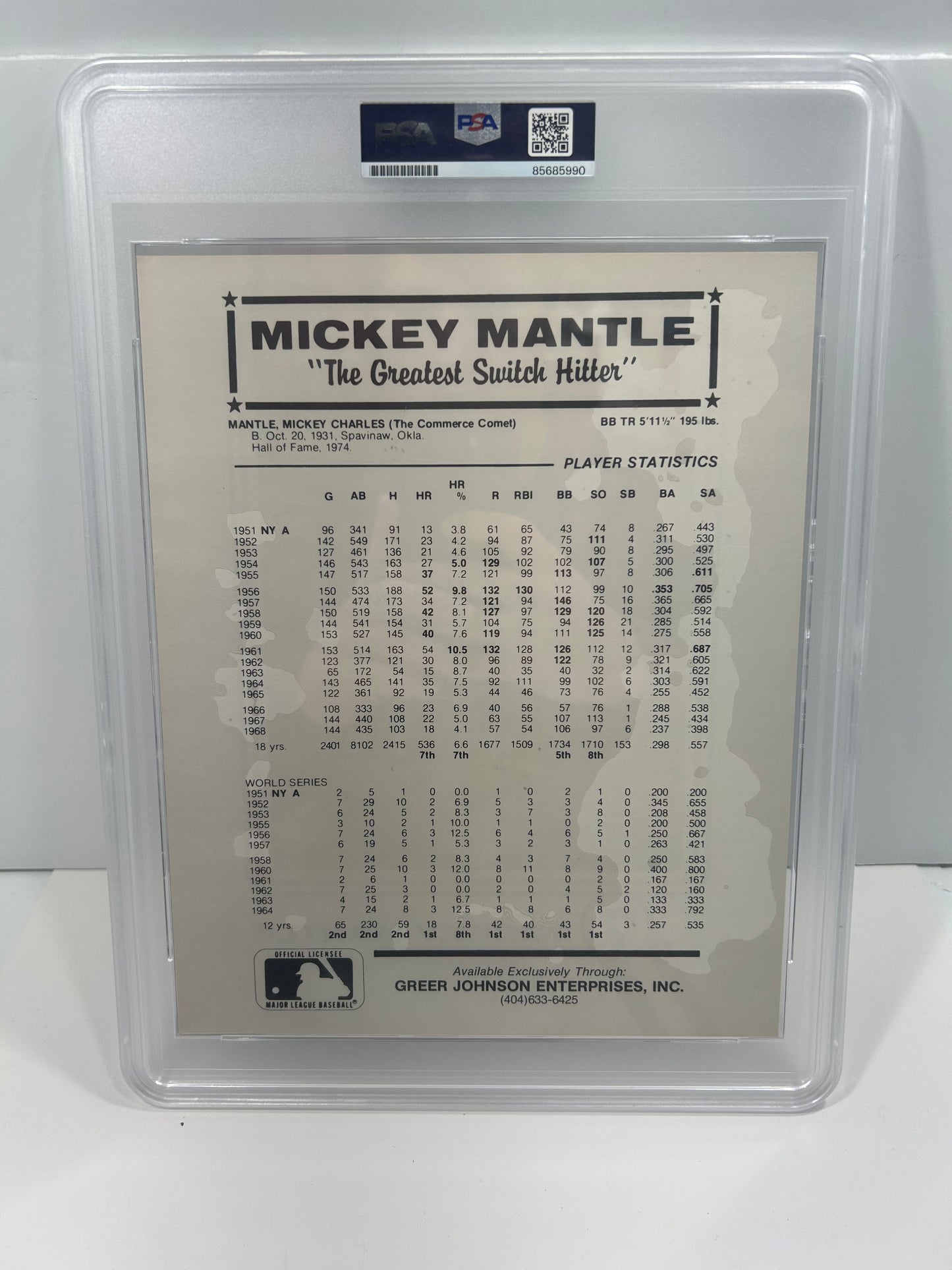 MICKEY MANTLE SPORTS IMPRESSIONS STAT BACK 8x10 SINGED AUTO PRINT PSA/DNA 10