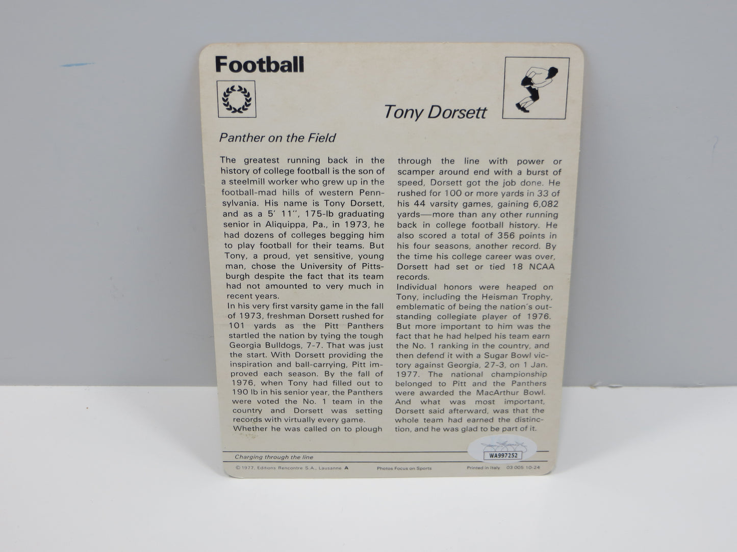 TONY DORSETT SIGNED 1977 SPORTSCASTER CARD #10-24 PHOTO PITT Cowboys JSA