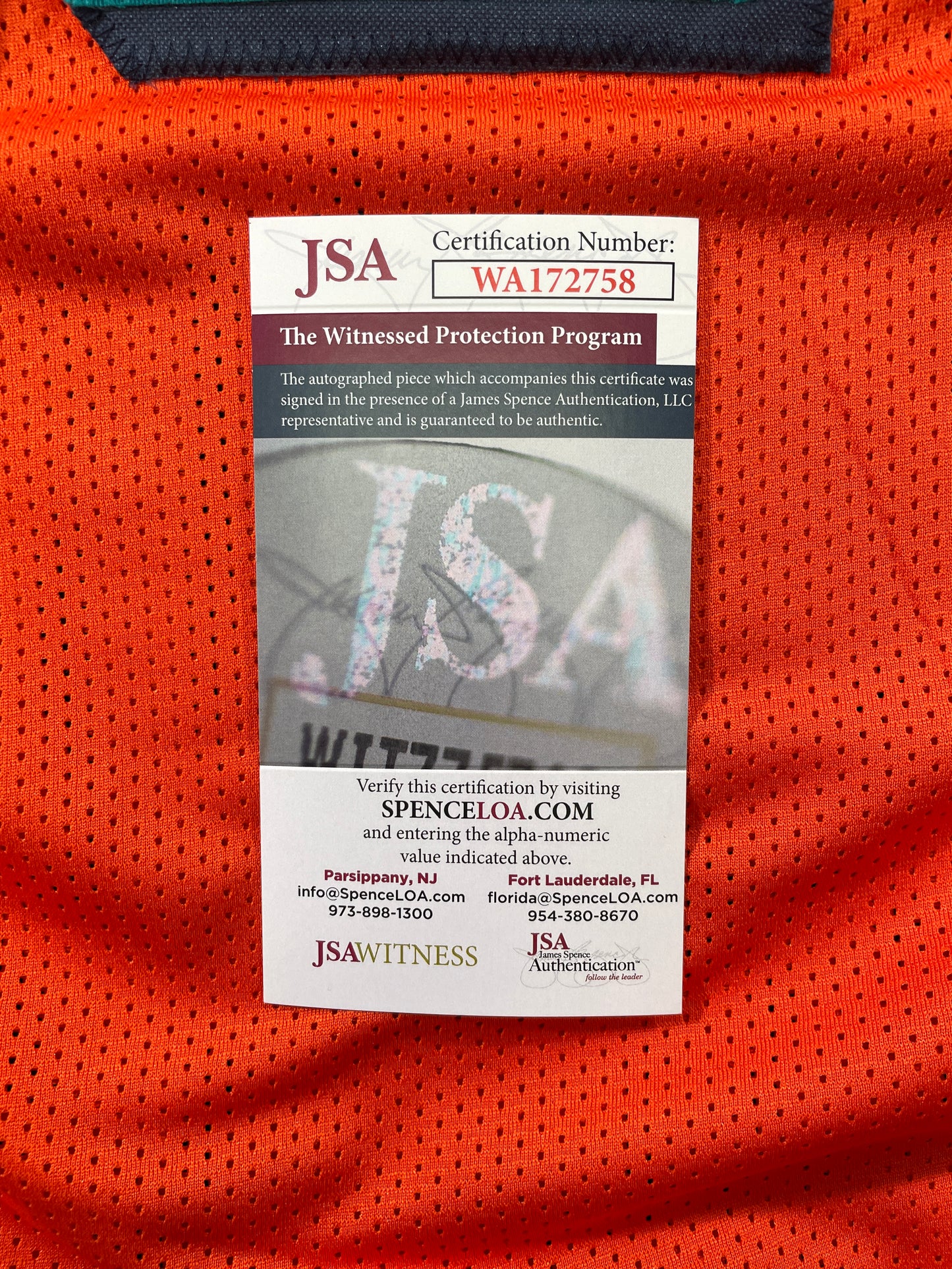 RICKY WILLIAMS ORANGE MAIMI DOLPHINS 420 SIGNED JERSEY JSA