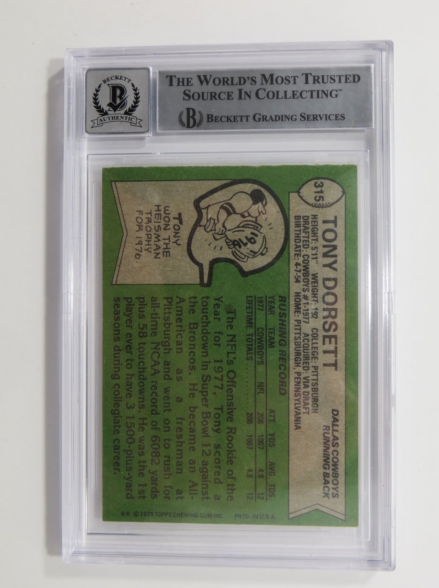 TONY DORSETT SIGNED 1978 Topps #315 ROOKIE CARD BGS Auto 10 Slab DALLAS COWBOYS