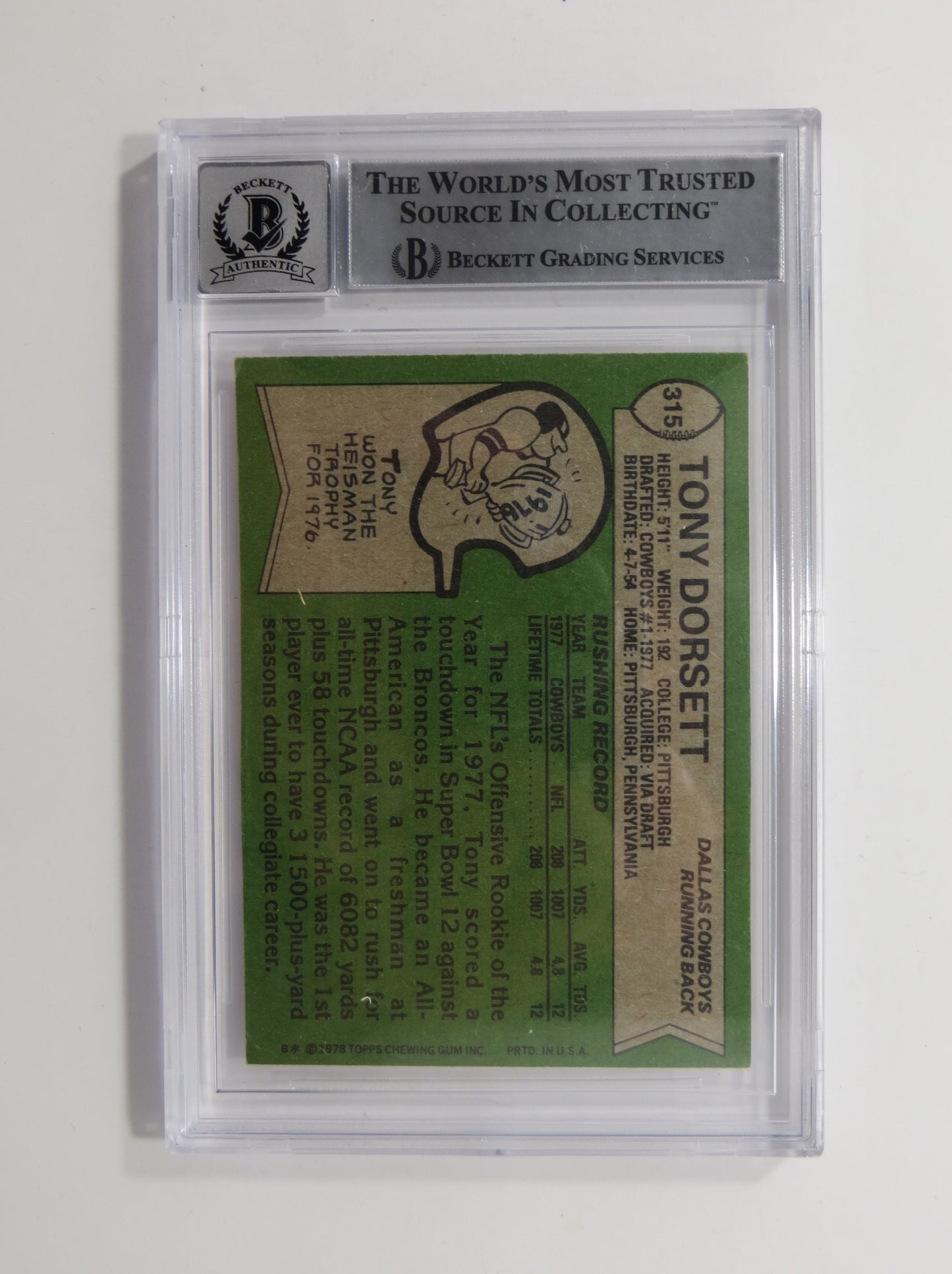 TONY DORSETT SIGNED 1978 Topps #315 ROOKIE CARD BGS Auto 10 Slab DALLAS COWBOYS