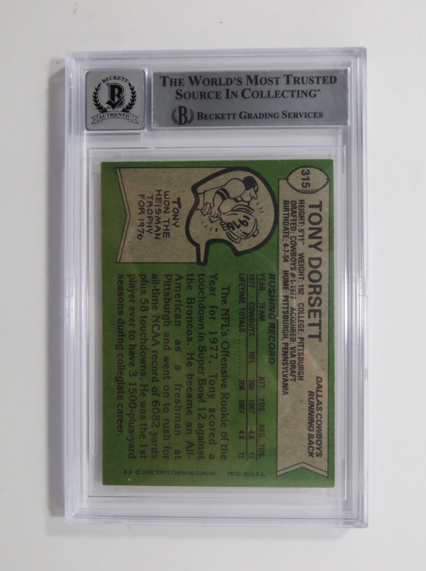 TONY DORSETT SIGNED 1978 Topps #315 ROOKIE CARD BGS Auto 10 Slab DALLAS COWBOYS