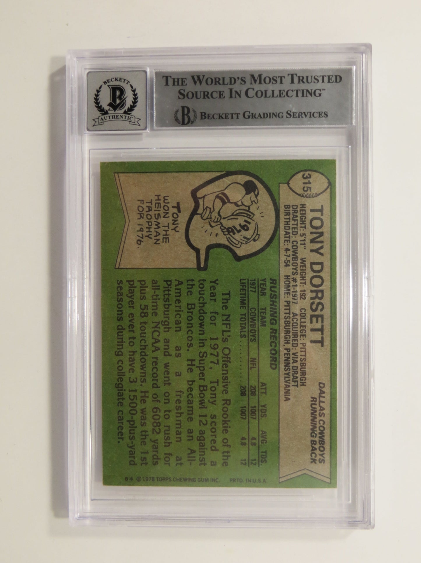 TONY DORSETT SIGNED 1978 Topps #315 ROOKIE CARD BGS Auto 10 Slab DALLAS COWBOYS