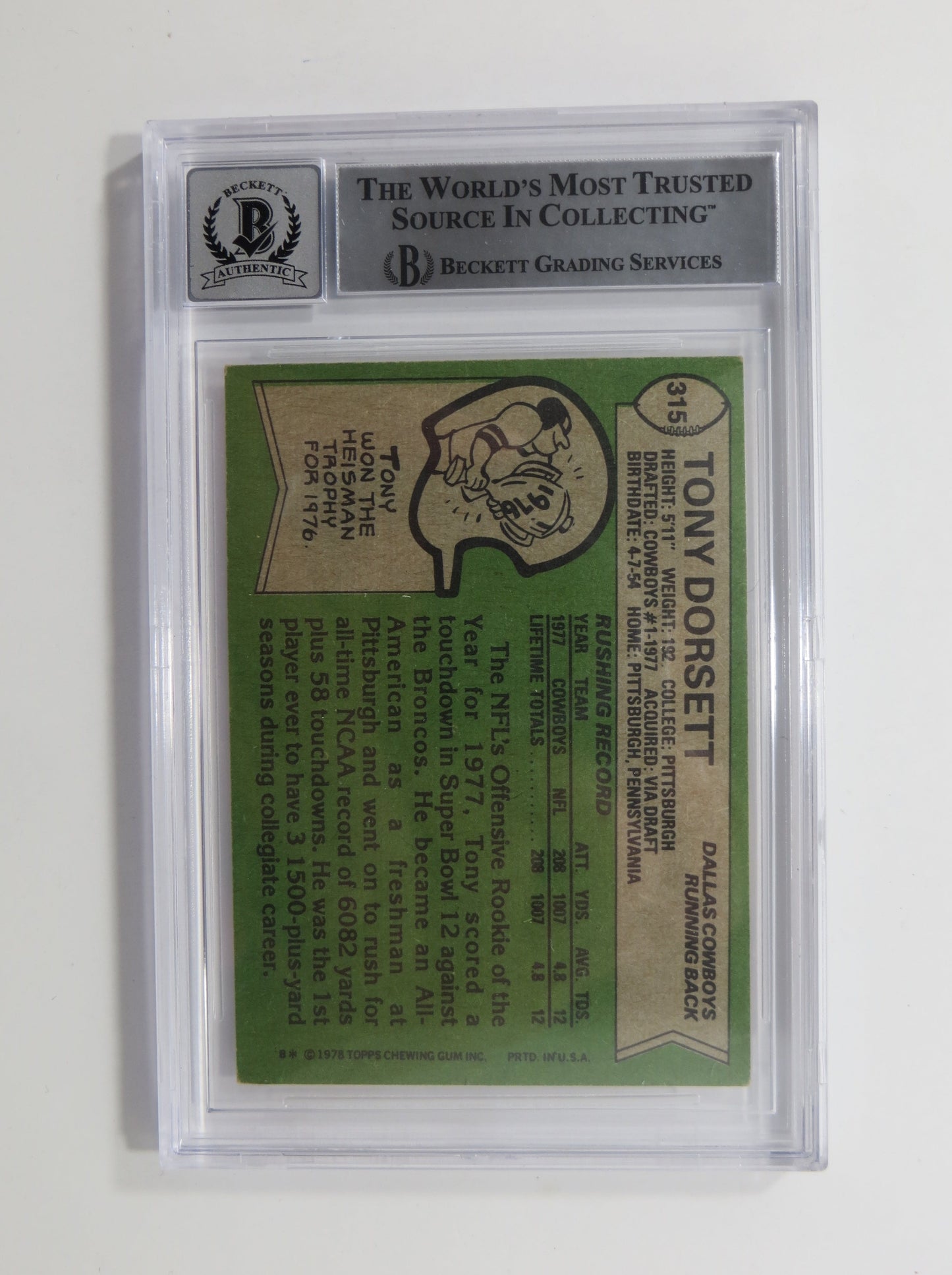 TONY DORSETT SIGNED 1978 Topps #315 ROOKIE CARD BGS Auto 10 Slab DALLAS COWBOYS