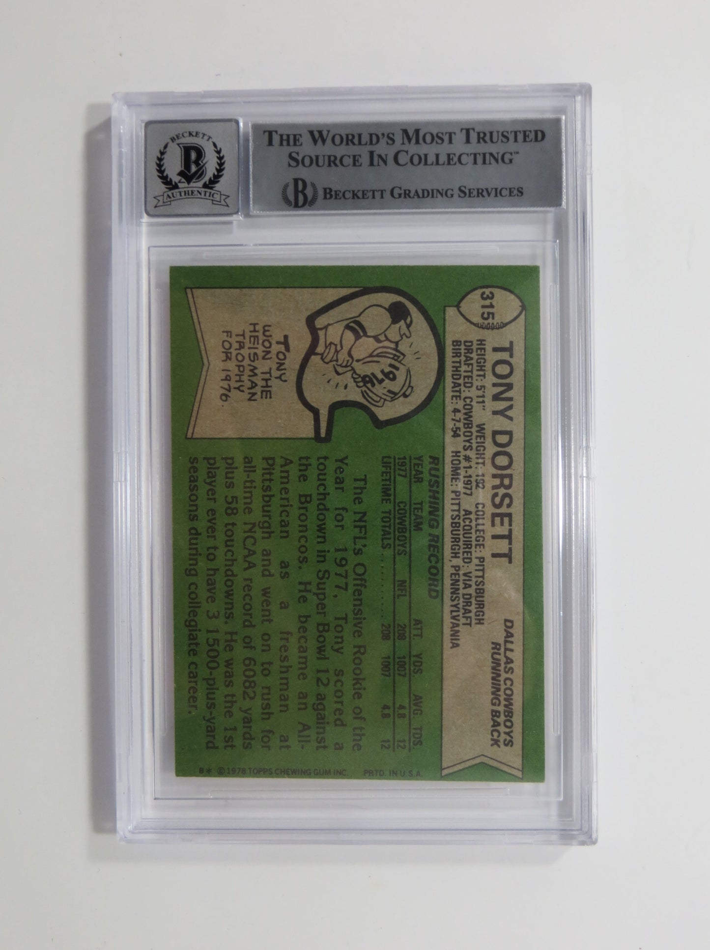 TONY DORSETT SIGNED 1978 Topps #315 ROOKIE CARD BGS Auto 10 Slab DALLAS COWBOYS