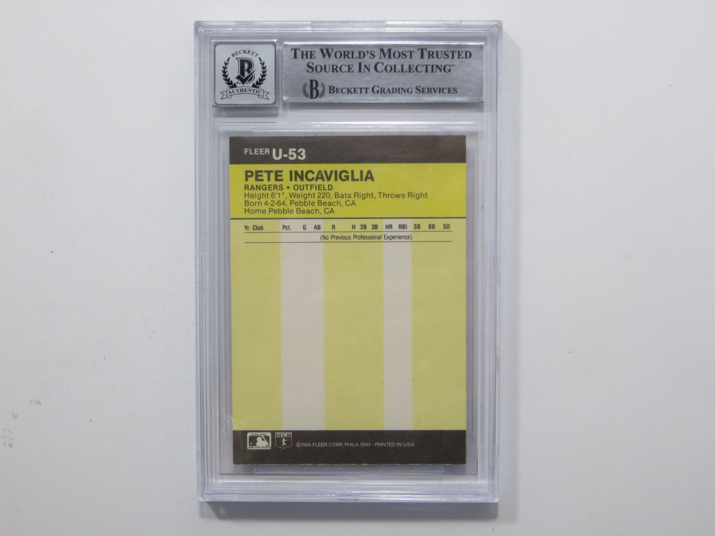 PETE INCAVIGLIA SIGNED BGS BAS SLAB 1986 FLEER UPDATE #U53 XRC Auto 10 RANGERS