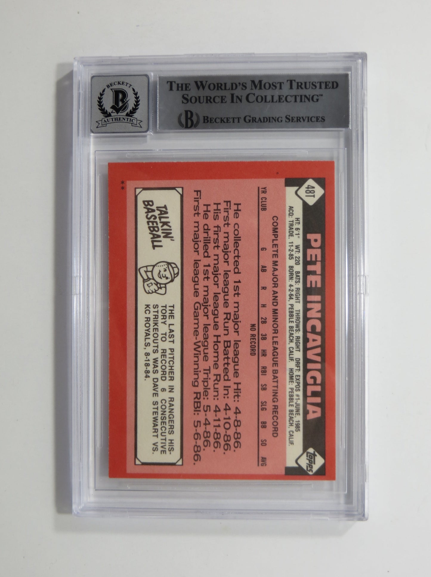 PETE INCAVIGLIA SIGNED BGS BAS SLAB 1986 TOPPS UPDATE #48T XRC Auto 10 RANGERS