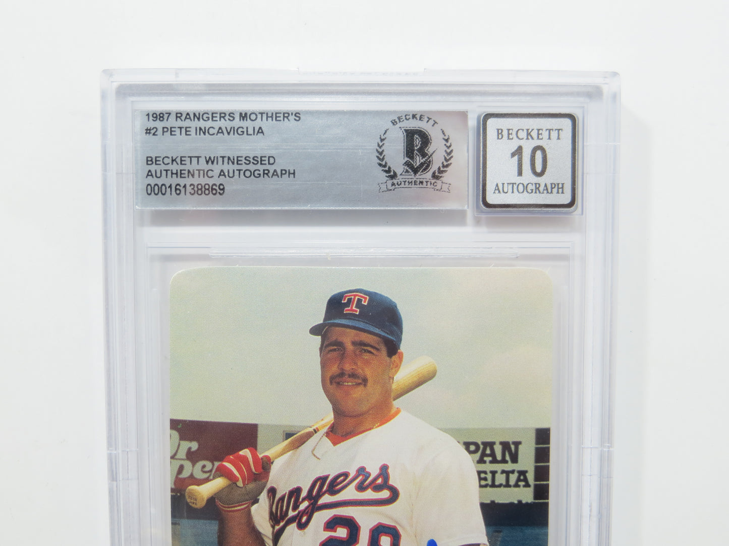 PETE INCAVIGLIA SIGNED BGS BAS SLAB 1987 RANGERS MOTHERS COOKIES #2 Auto 10