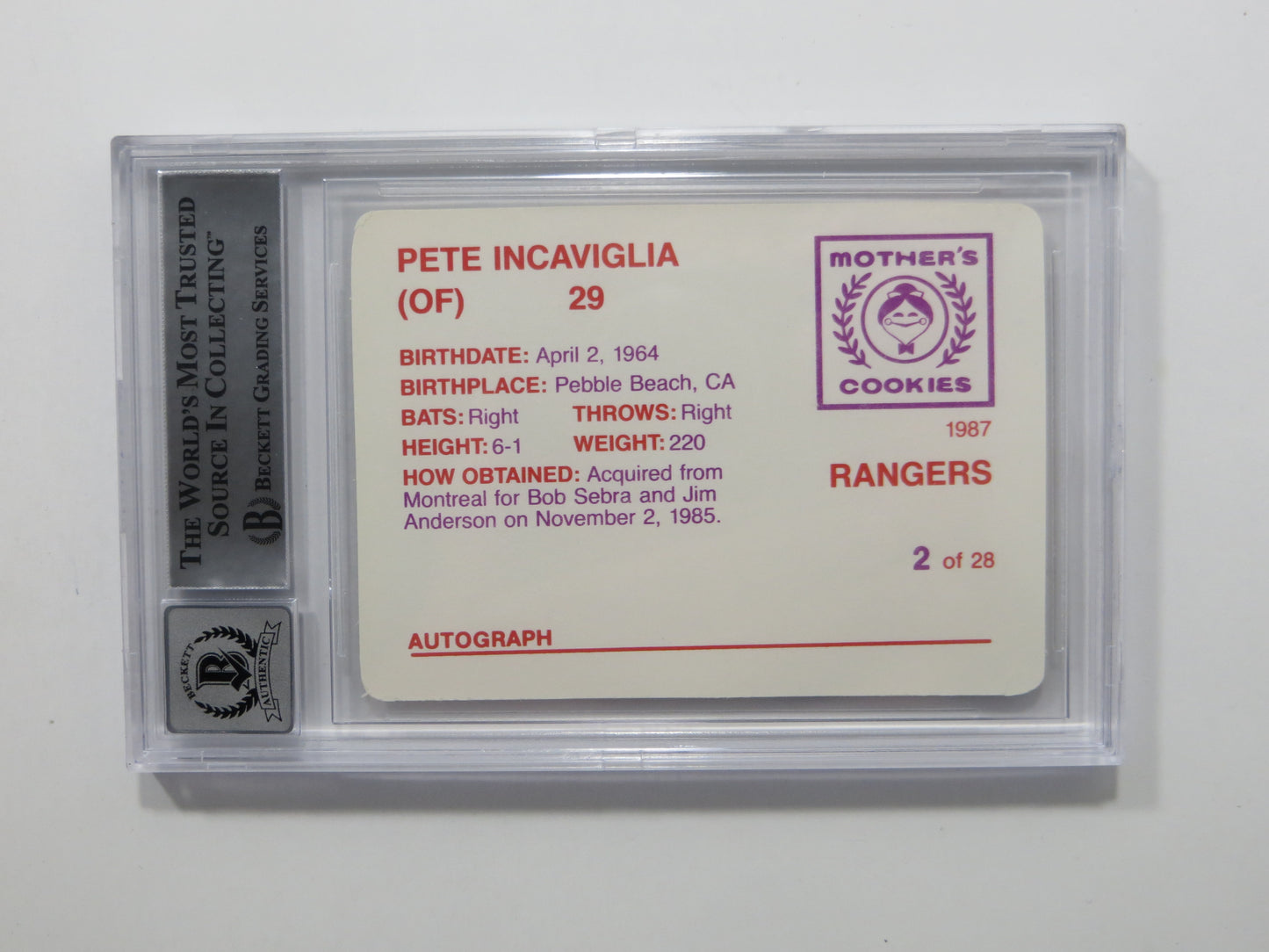 PETE INCAVIGLIA SIGNED BGS BAS SLAB 1987 RANGERS MOTHERS COOKIES #2 Auto 10