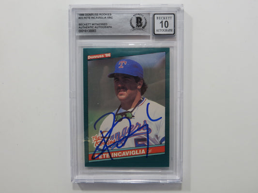 PETE INCAVIGLIA SIGNED BGS BAS SLAB 1986 DONRUSS Rookies #23 XRC Auto 10 RANGERS