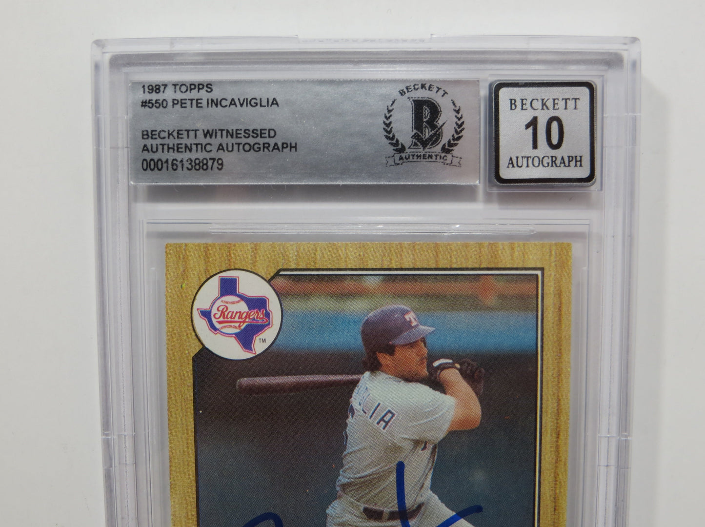 PETE INCAVIGLIA SIGNED BGS BAS SLAB 1987 TOPPS #550 RC Auto 10 TEXAS RANGERS