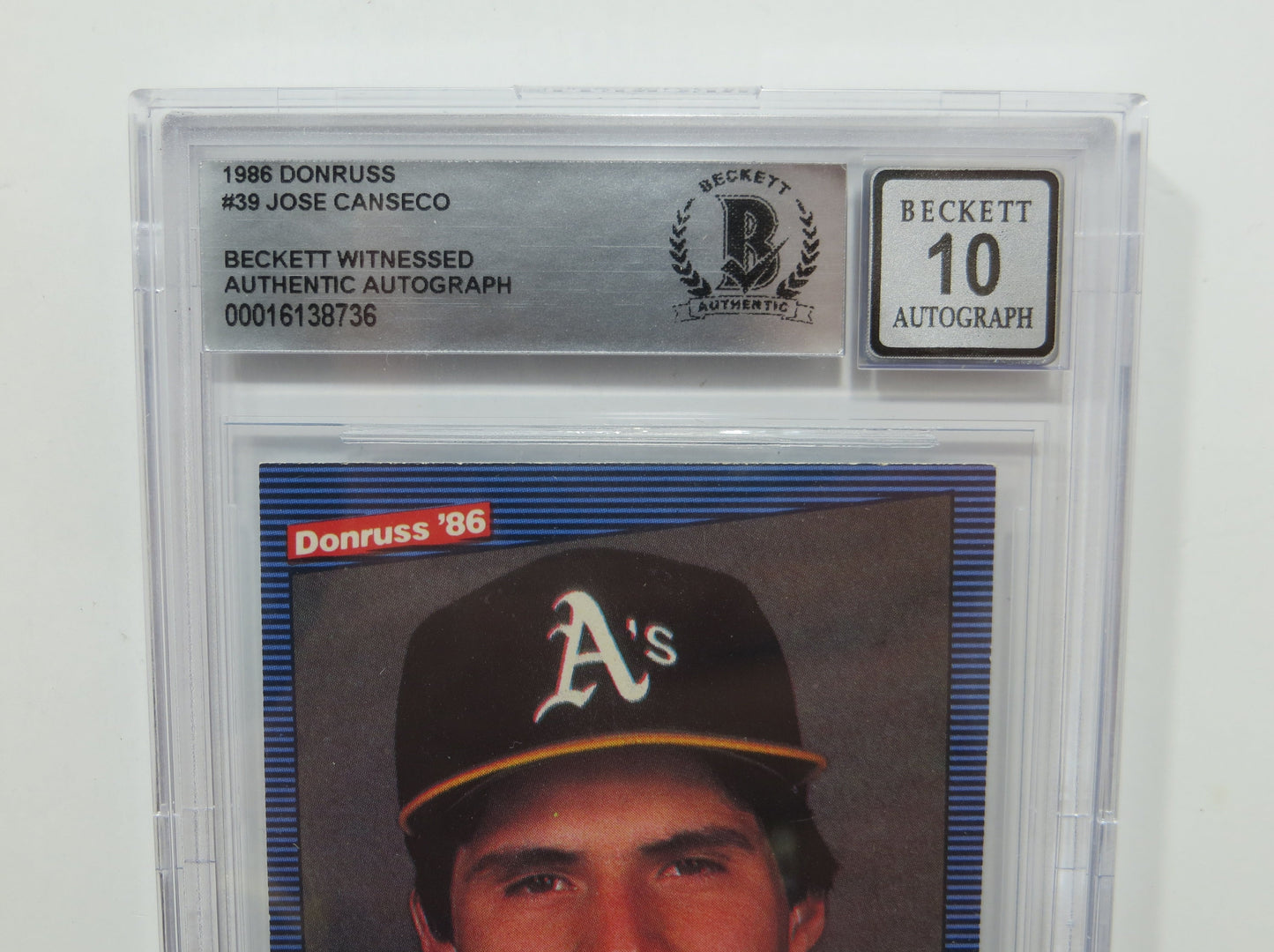 JOSE CANSECO SIGNED BGS BAS SLAB 1986 DONRUSS #39 A's Auto 10