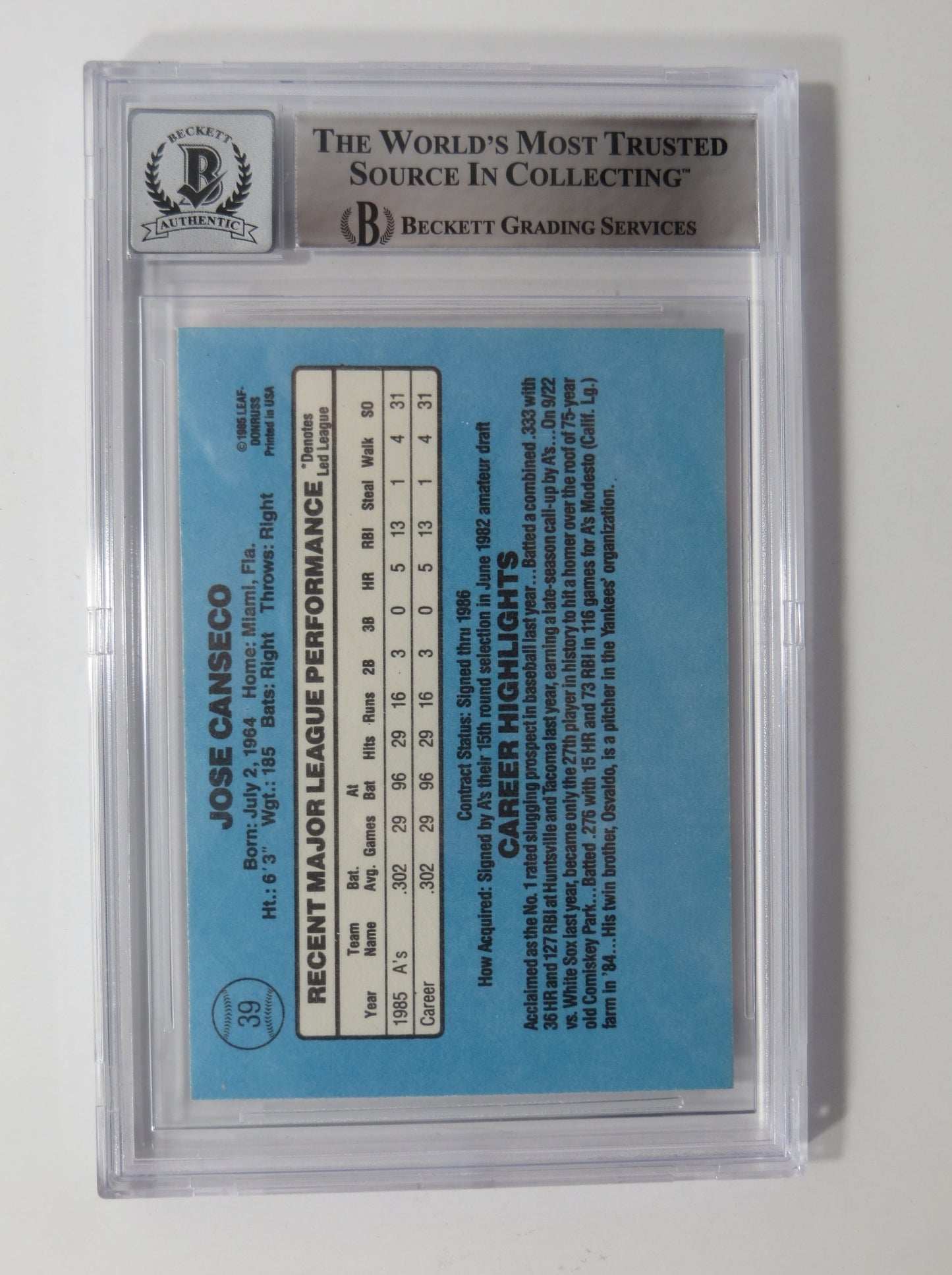 JOSE CANSECO SIGNED BGS BAS SLAB 1986 DONRUSS #39 A's Auto 10