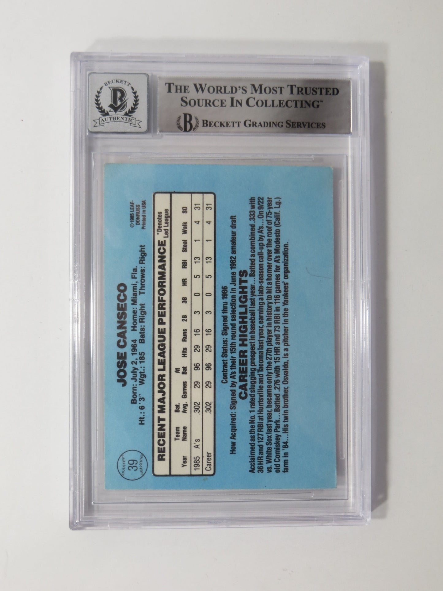 JOSE CANSECO SIGNED BGS BAS SLAB 1986 DONRUSS #39 A's Auto 10