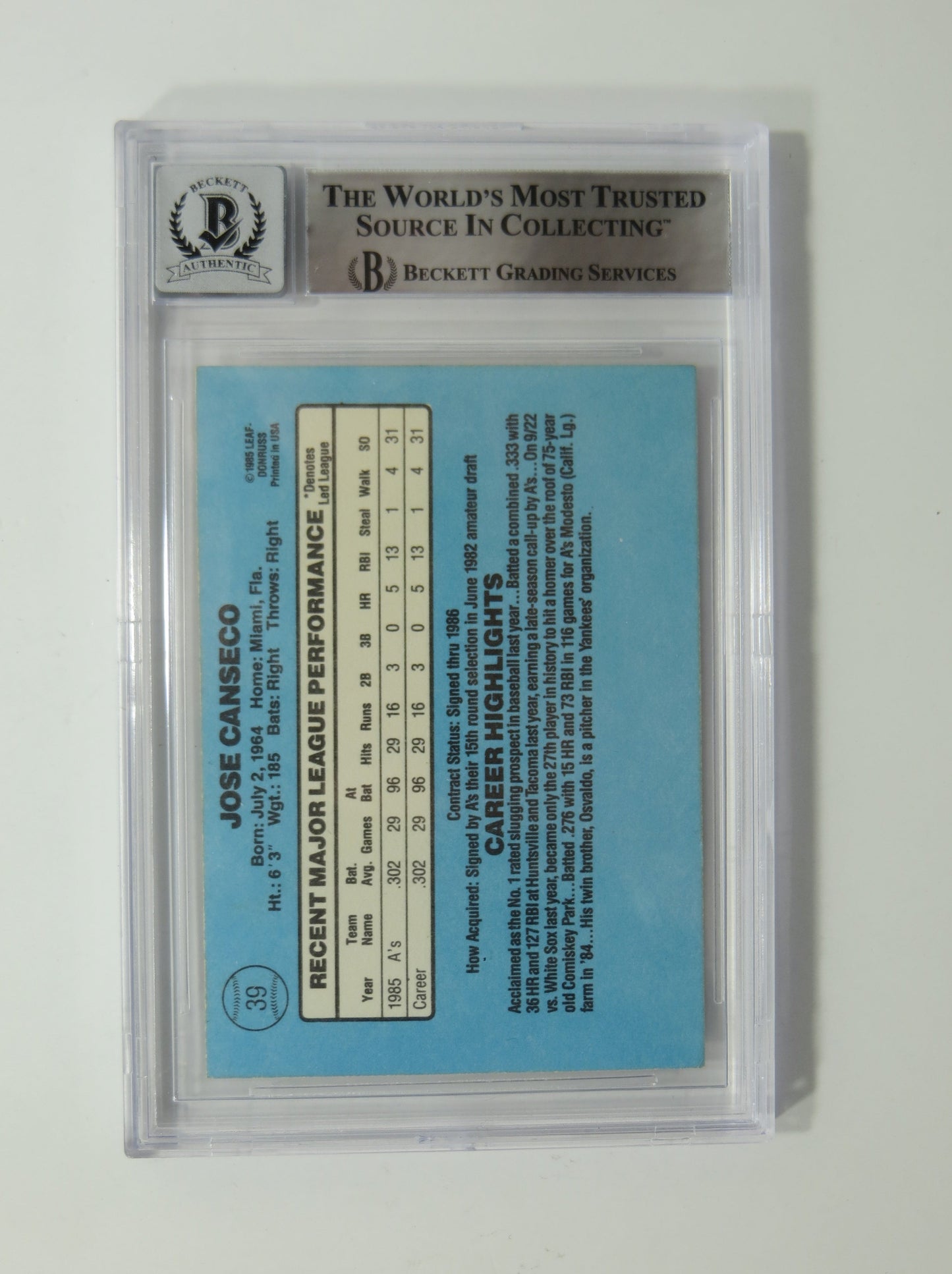 JOSE CANSECO SIGNED BGS BAS SLAB 1986 DONRUSS #39 A's Auto 10