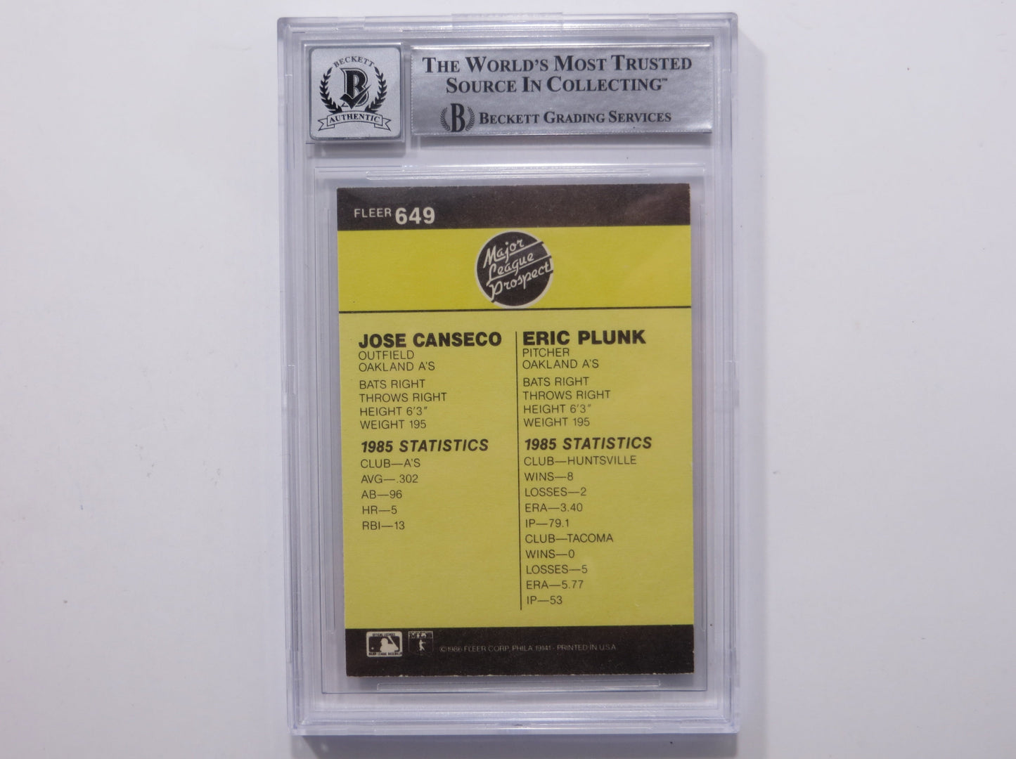 JOSE CANSECO SIGNED BGS BAS SLAB 1986 FLEER #649 A's Auto 10
