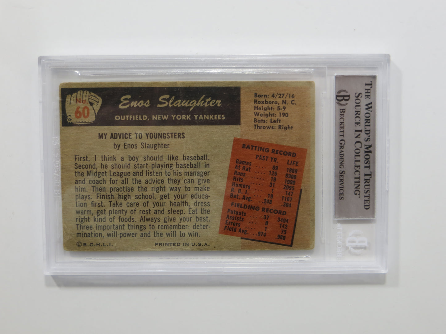 ENOS SLAUGHTER SIGNED BGS BAS SLAB 1955 BOWMAN #60 NY Yankees