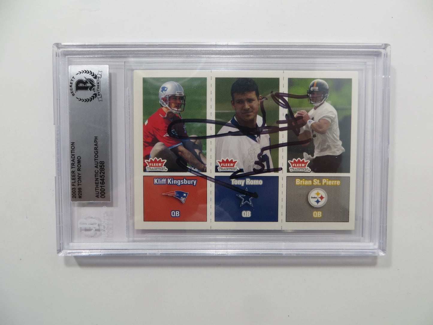 TONY ROMO SIGNED BGS BAS SLAB 2003 FLEER TRADITION #299 DALLAS COWBOYS