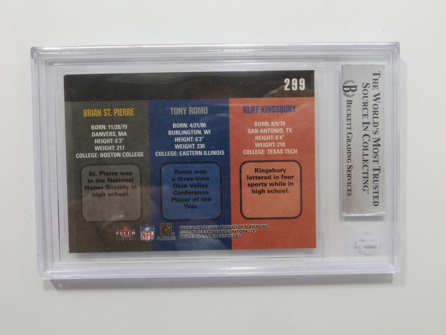 TONY ROMO SIGNED BGS BAS SLAB 2003 FLEER TRADITION #299 DALLAS COWBOYS