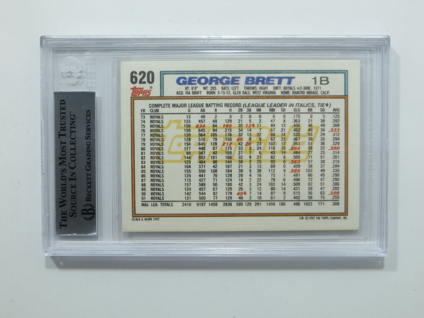 GEORGE BRETT SIGNED BGS BAS Slab 1992 TOPPS GOLD #620 Kansas City Royals
