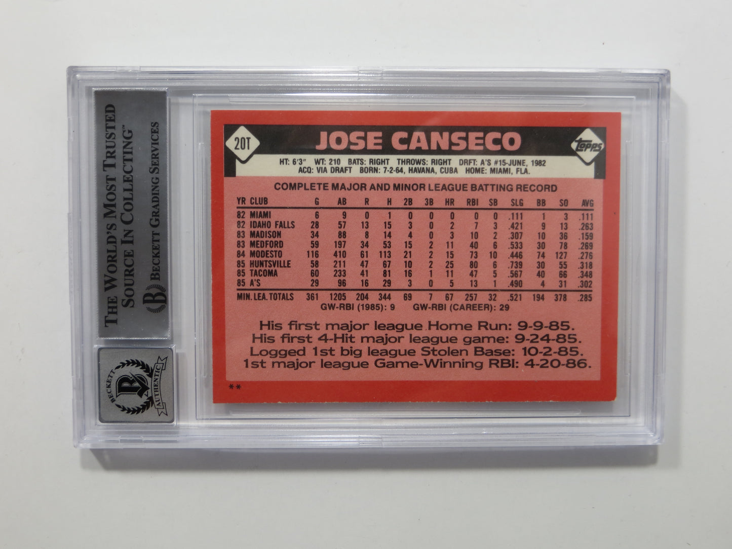 JOSE CANSECO SIGNED BGS BAS SLAB 1986 TOPPS TRADED #20T XRC A's Auto 10