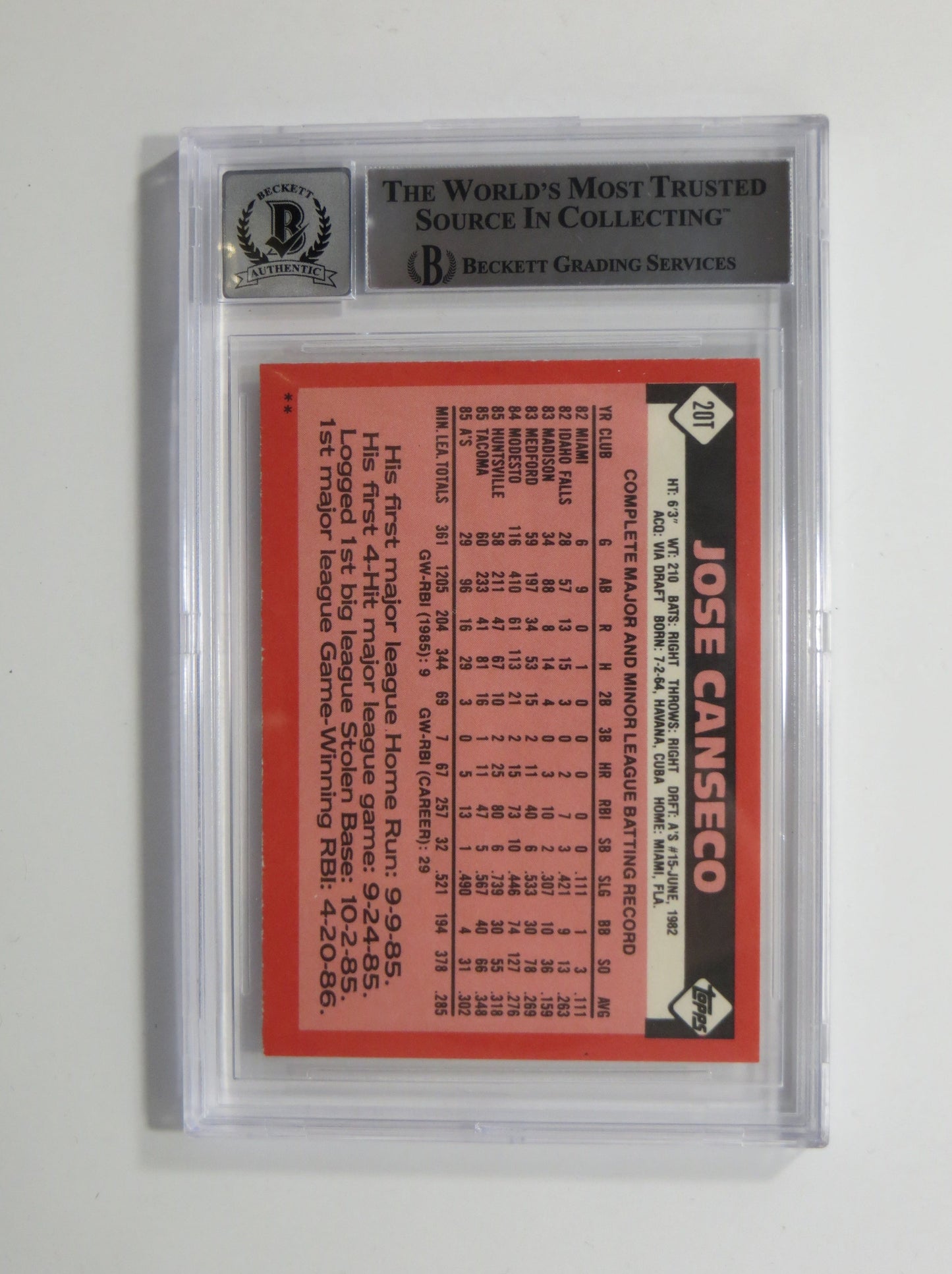 JOSE CANSECO SIGNED BGS BAS SLAB 1986 TOPPS TRADED #20T XRC A's Auto 10