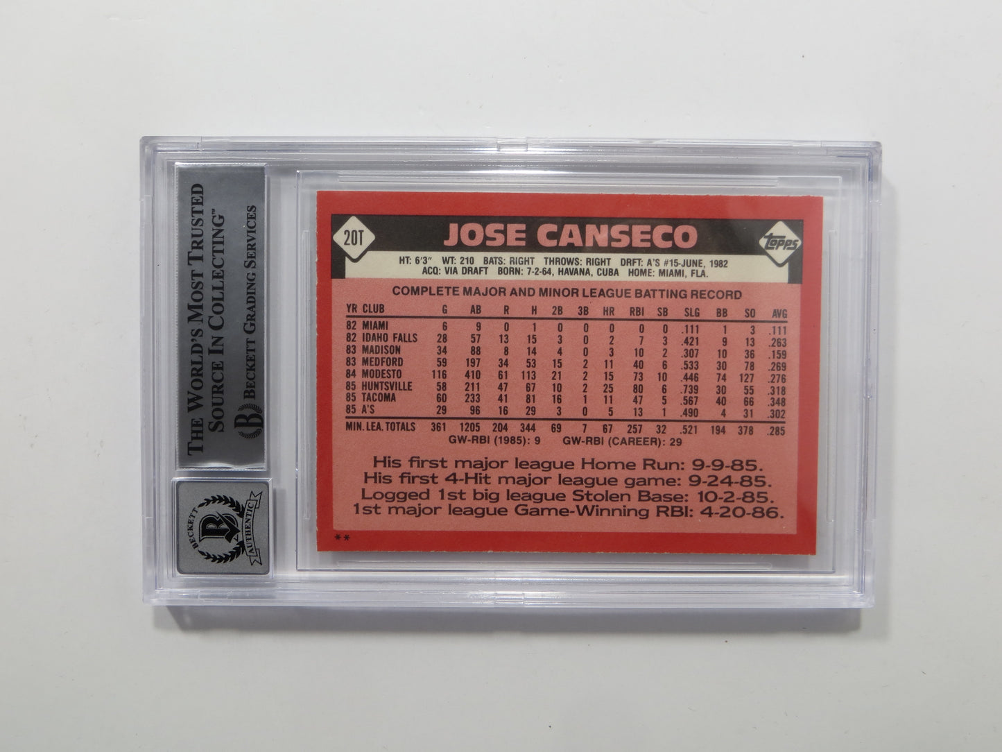 JOSE CANSECO SIGNED BGS BAS SLAB 1986 TOPPS TRADED #20T XRC A's Auto 10