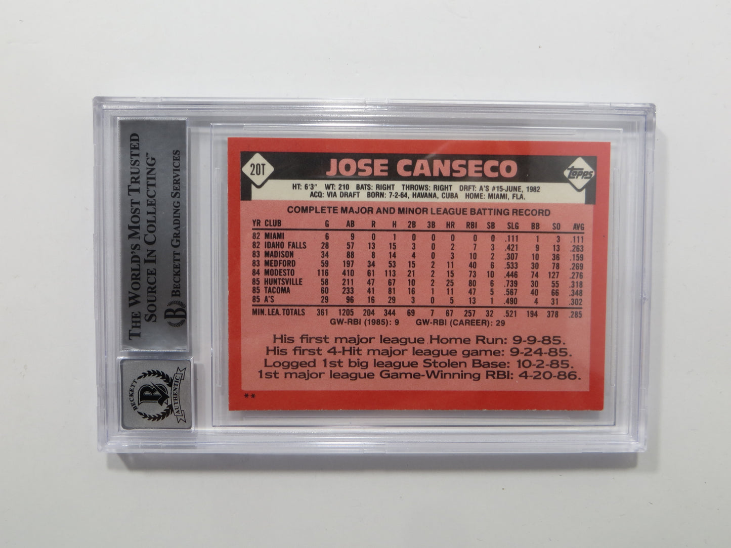 JOSE CANSECO SIGNED BGS BAS SLAB 1986 TOPPS TRADED #20T XRC A's Auto 10