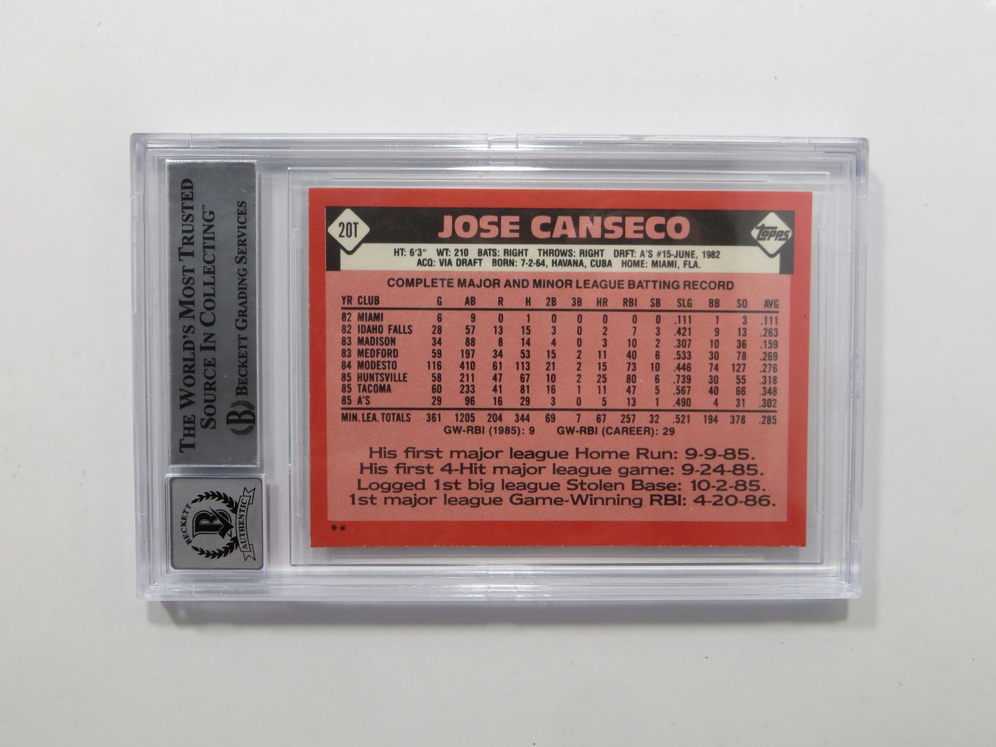 JOSE CANSECO SIGNED BGS BAS SLAB 1986 TOPPS TRADED #20T XRC A's Auto 10