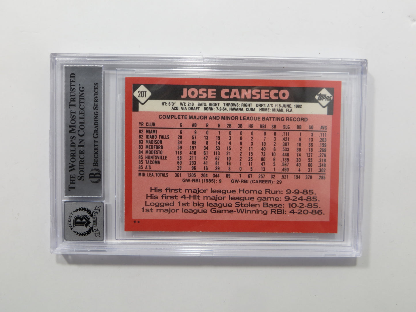 JOSE CANSECO SIGNED BGS BAS SLAB 1986 TOPPS TRADED #20T XRC A's Auto 10