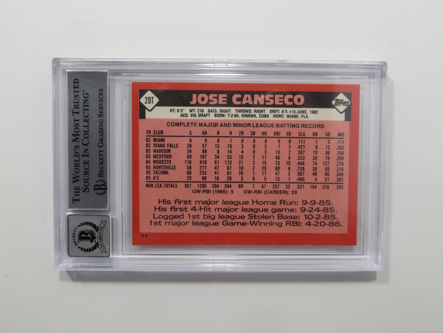 JOSE CANSECO SIGNED BGS BAS SLAB 1986 TOPPS TRADED #20T XRC A's Auto 10