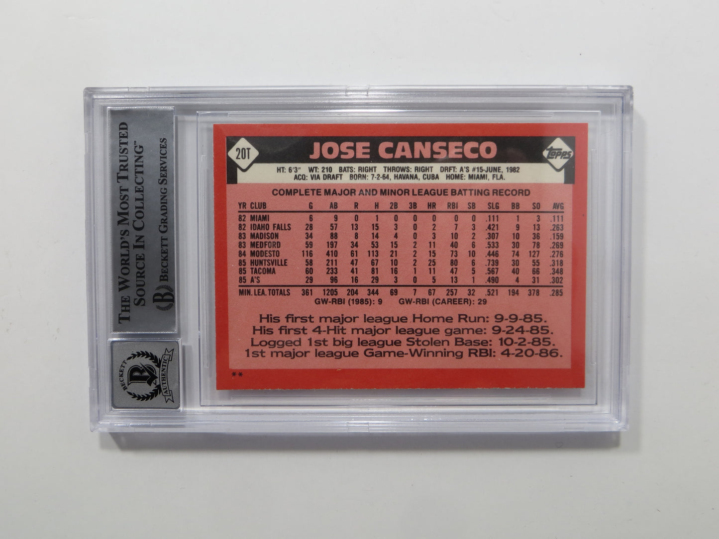 JOSE CANSECO SIGNED BGS BAS SLAB 1986 TOPPS TRADED #20T XRC A's Auto 10