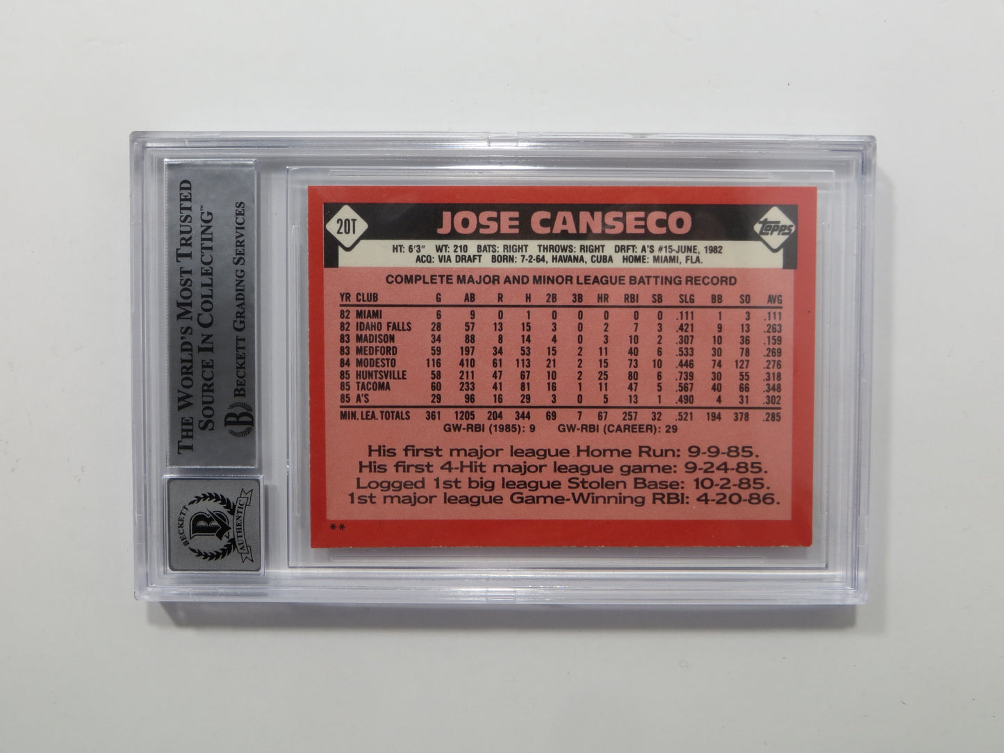 JOSE CANSECO SIGNED BGS BAS SLAB 1986 TOPPS TRADED #20T XRC A's Auto 10